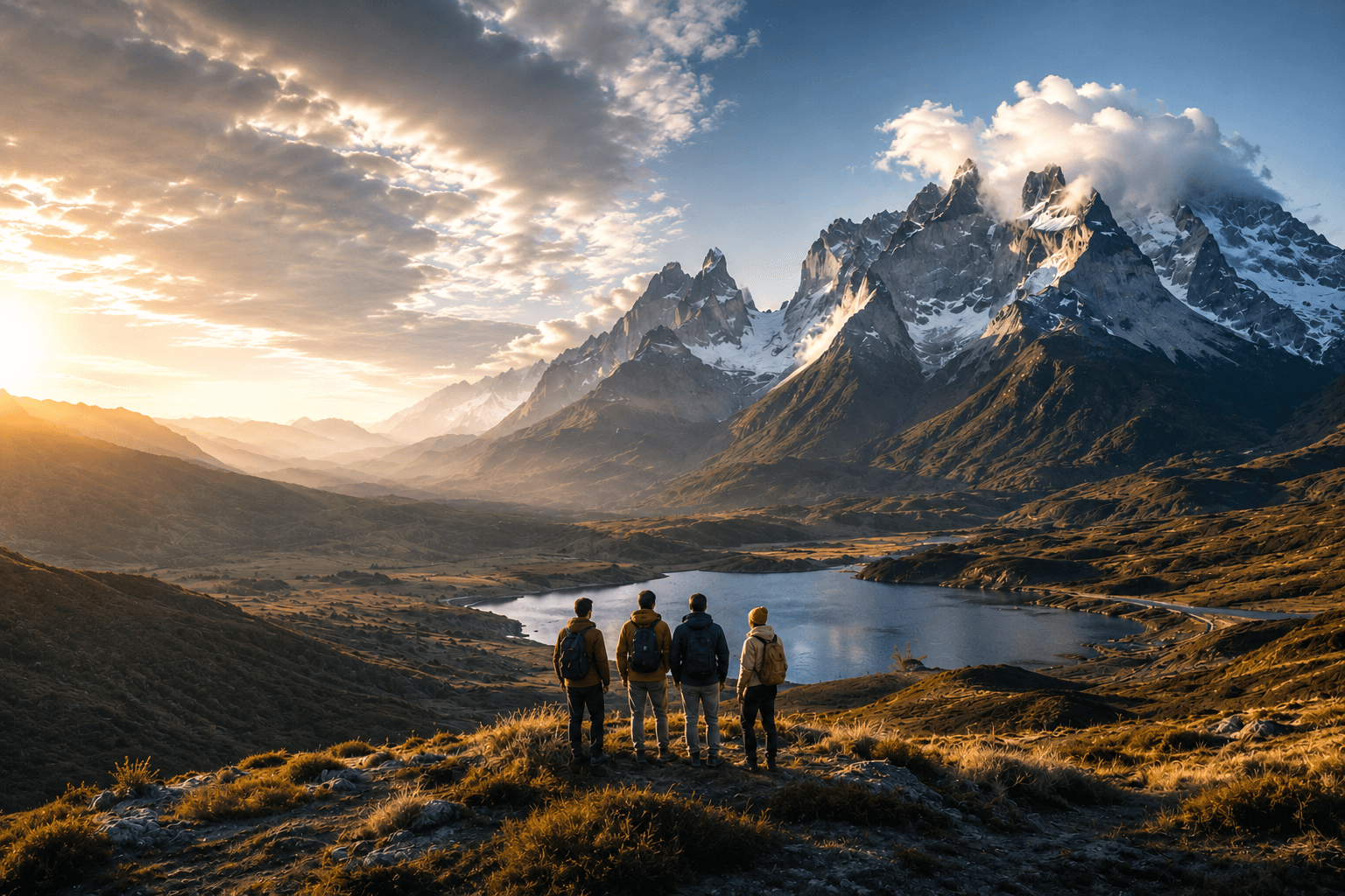 Torres del Paine under an open sky, two figures small on the trail
