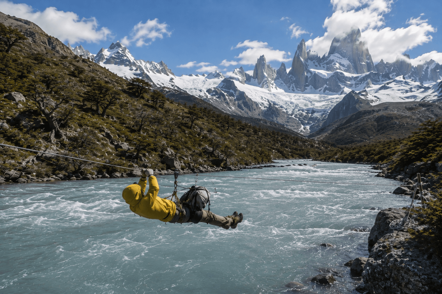 Crossing the glacial landscape by Tyrolean traverse