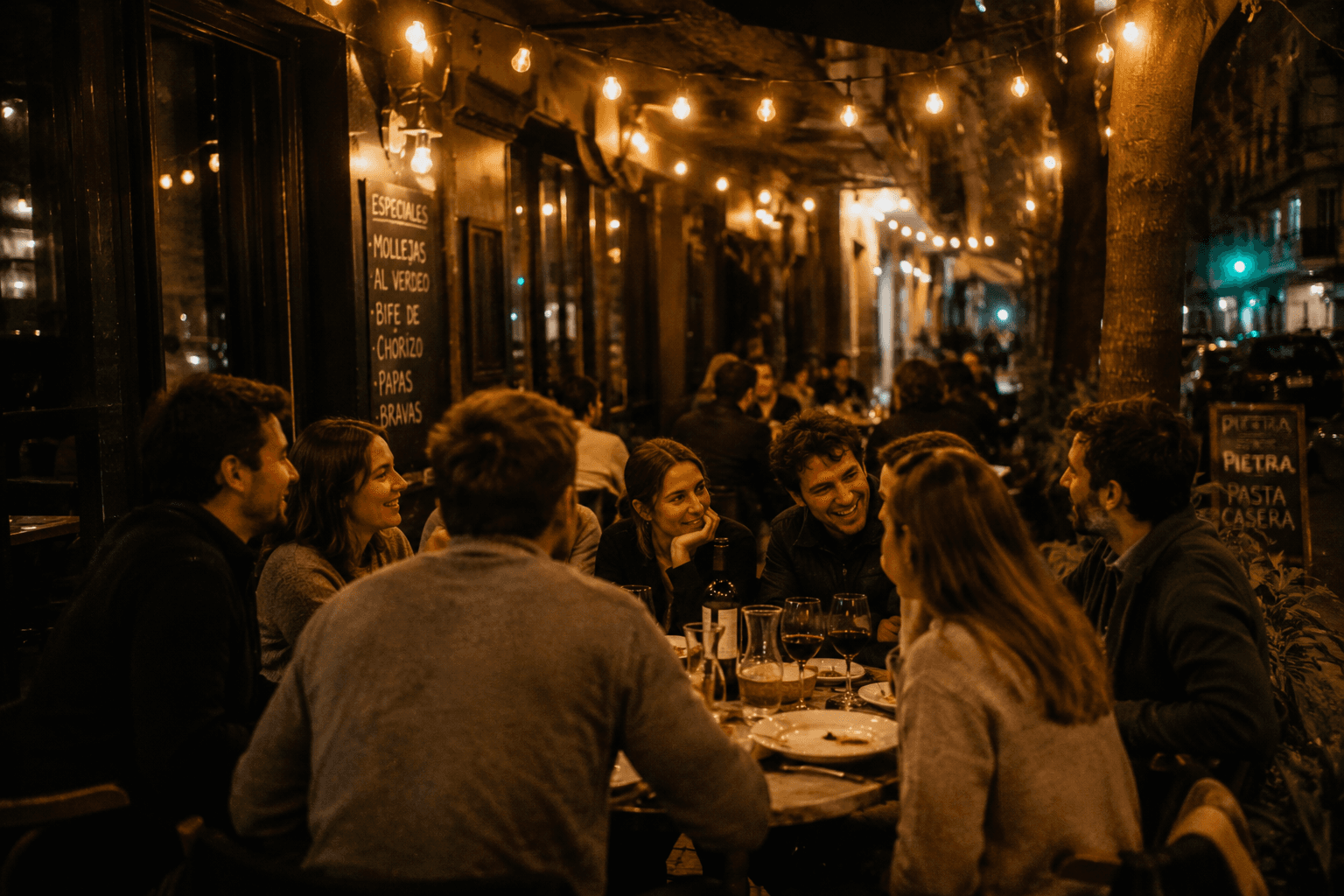 The group sharing steaks and Malbec at a long table