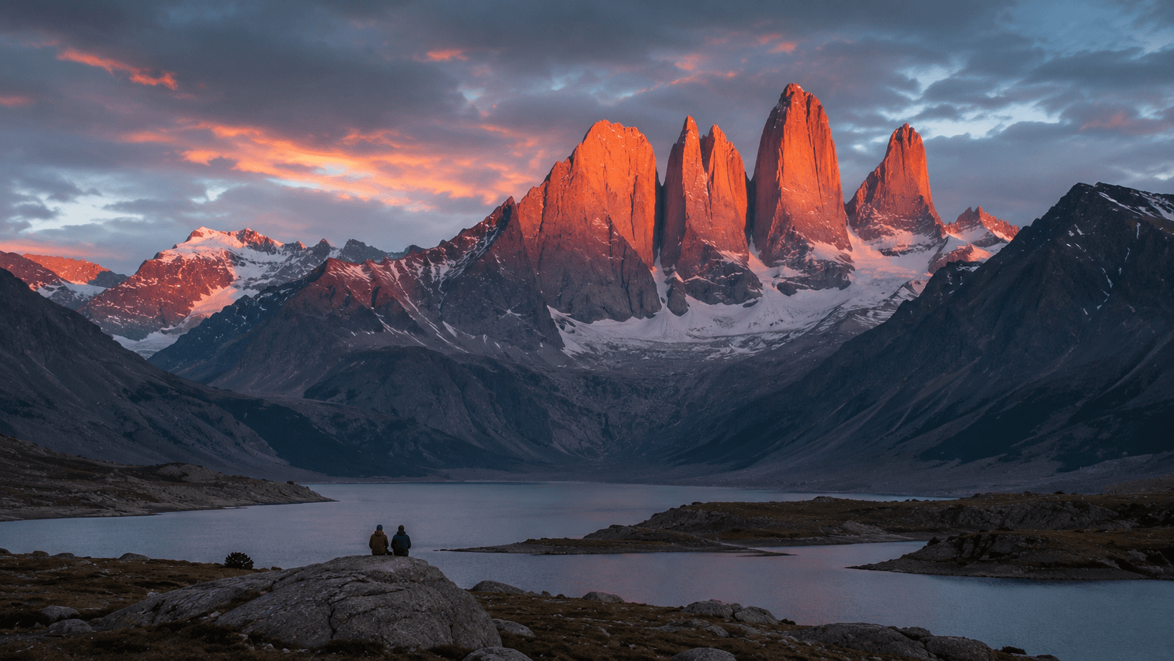 Las Torres turning orange at sunrise, a hiker below