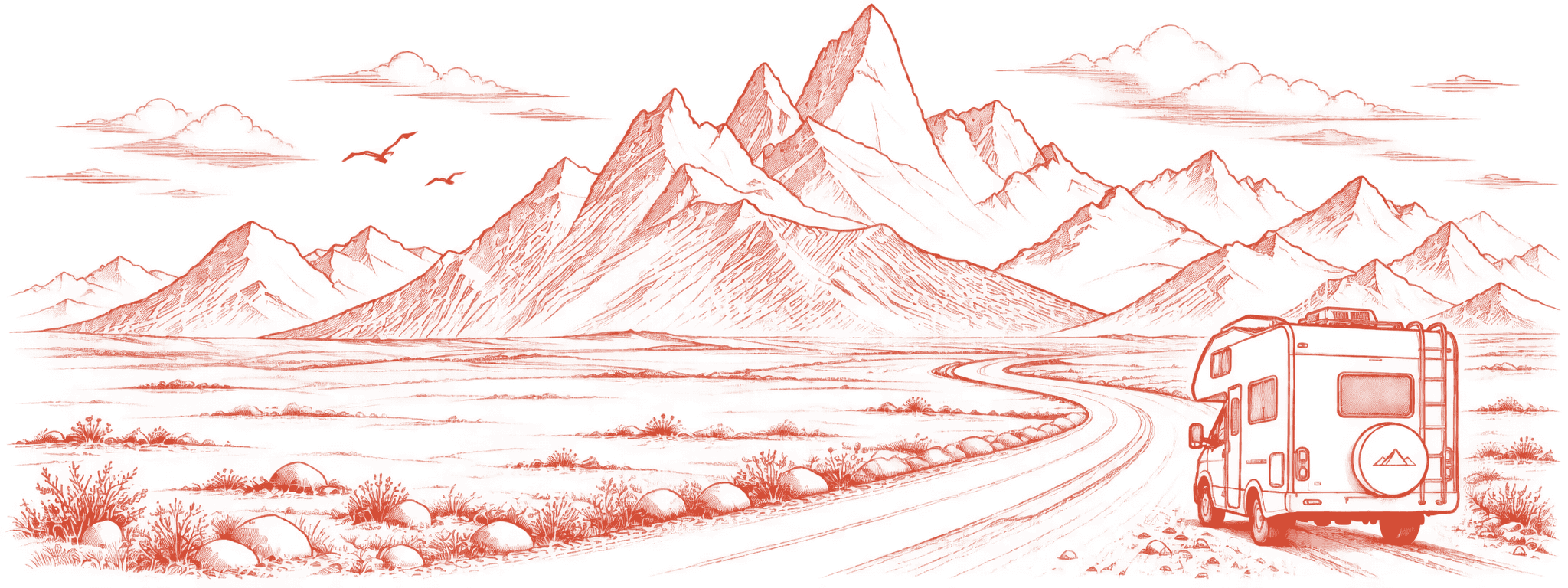 A line-drawn camper van on a road winding toward the mountains